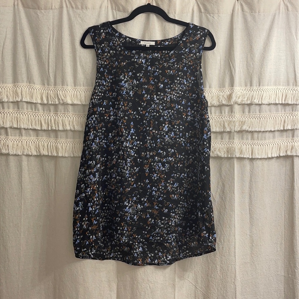 Floral black silky tunic top, size large